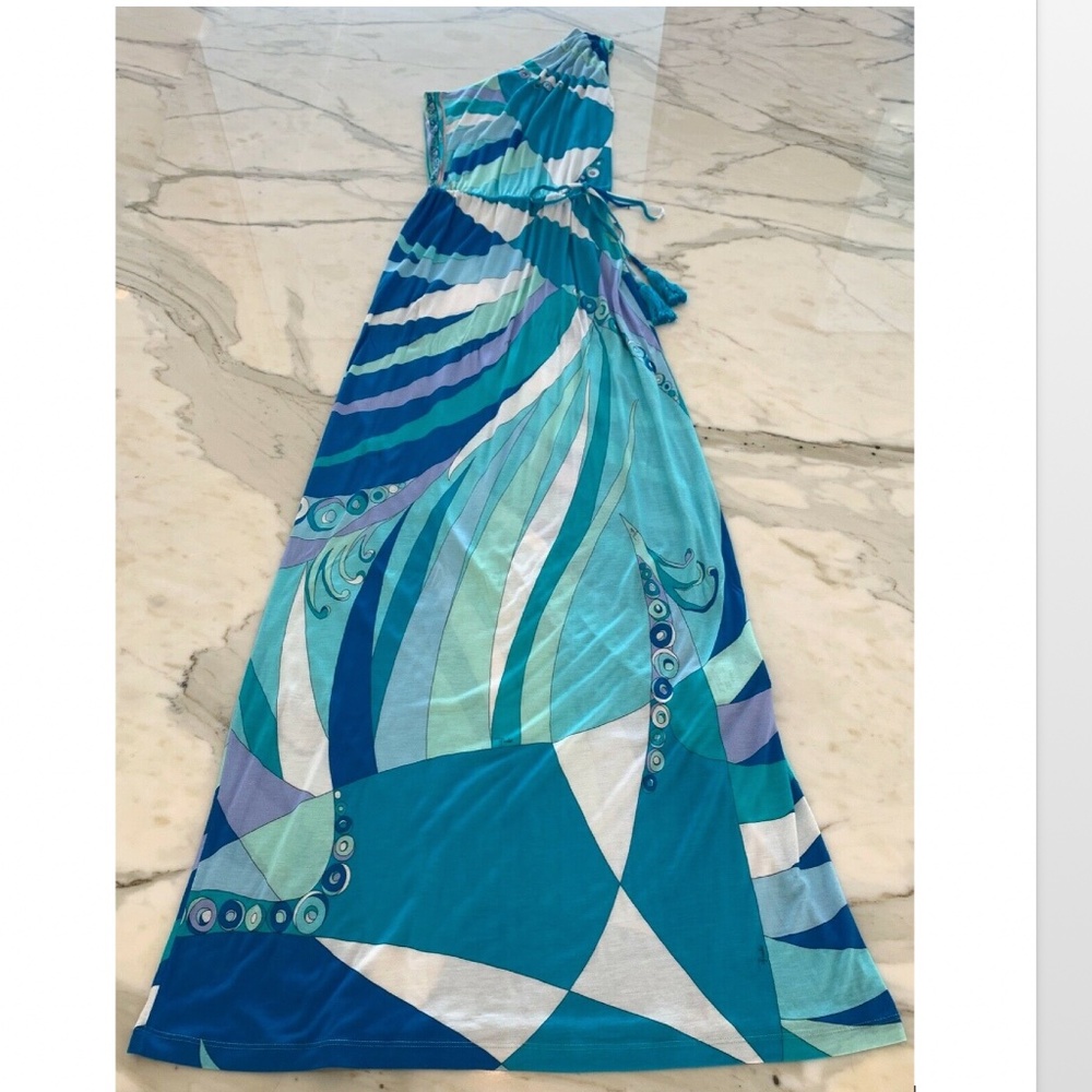 EMILIO PUCCI BLUE PRINTED ONE SHOULDER DRESS MODEL 41WH40 SiZE IT 40 / US 6 NWTS - Picture 4 of 12